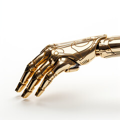 golden hand of futuristic robot on white background сreated with Generative Ai