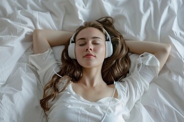 Fototapeta premium A woman is laying on a bed with headphones on her ears. She is wearing a white shirt and she is relaxed