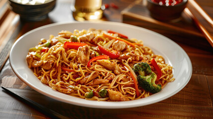Stir-fry noodles with vegetables on a plate.