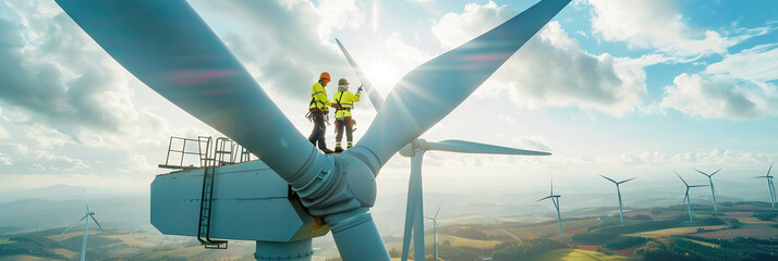 Engineers assembling wind turbines in a wind farm, harnessing wind power to generate clean and renewable electricity.