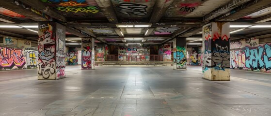 Empty underground subway station with graffiti wall abstract background. Idea for artistic pop art background backdrop. Empty open space interior background. Template 3d rendering. Generative ai