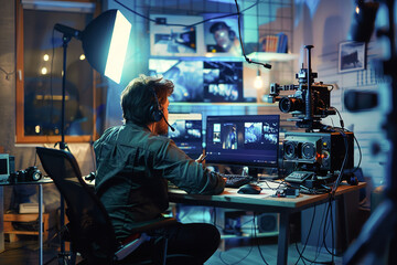 A digital content creator edits videos in a modern studio, crafting content for online platforms, surrounded by cameras and computers.