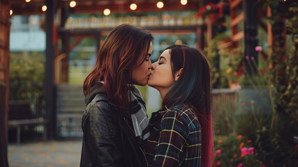 LGBTQ young woman couple kissing, romantic scene, colored hairs, young lesbians iis hugging