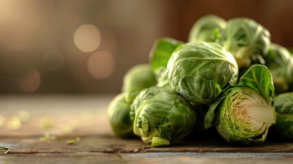 Fresh Brussels sprouts clustered on a warm, sunlit surface.