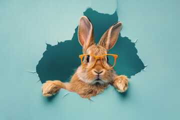 Easter bunny in bright glasses looks out of a hole on a torn paper wall