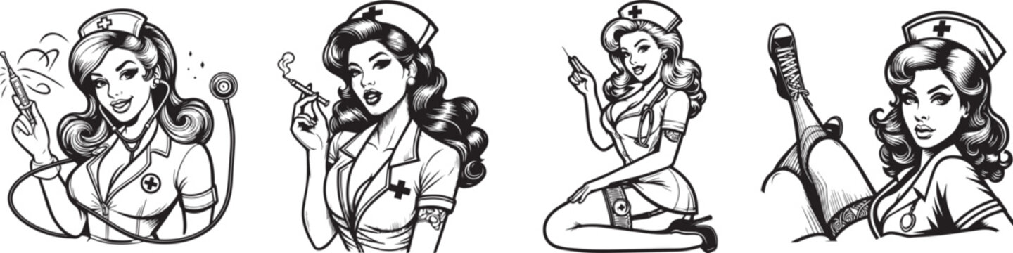 beauty nurse pin up girls vector set,