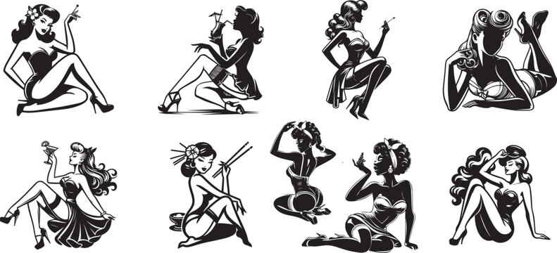 beauty pin-up girls black vector set