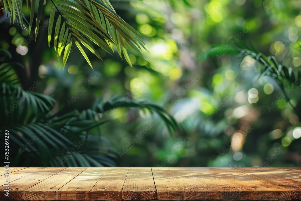 Poster a wooden table with a lush green background. the table is empty and the background is full of trees 