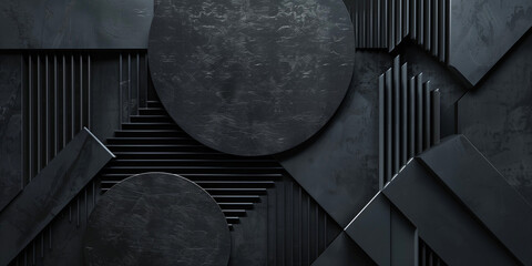 Dark metal geometric abstract background. Black geometric pattern artwork. Abstract horizontal banner. Digital artwork raster bitmap. AI artwork.