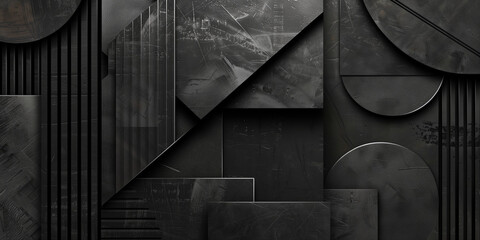 Dark metal geometric abstract background. Black geometric pattern artwork. Abstract horizontal banner. Digital artwork raster bitmap. 