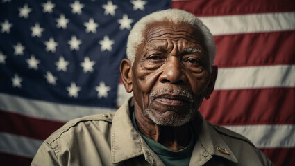 elderly veteran war hero senior african american male old man on the background of the American flag