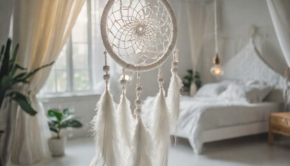 White handmade dreamcatcher in bedroom. Interior decoration. Beautiful dream catcher inside white room at home