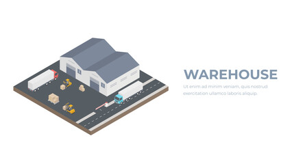 Isometric composition with delivery trucks trainer and containers near warehouse entrance 3d vector illustration