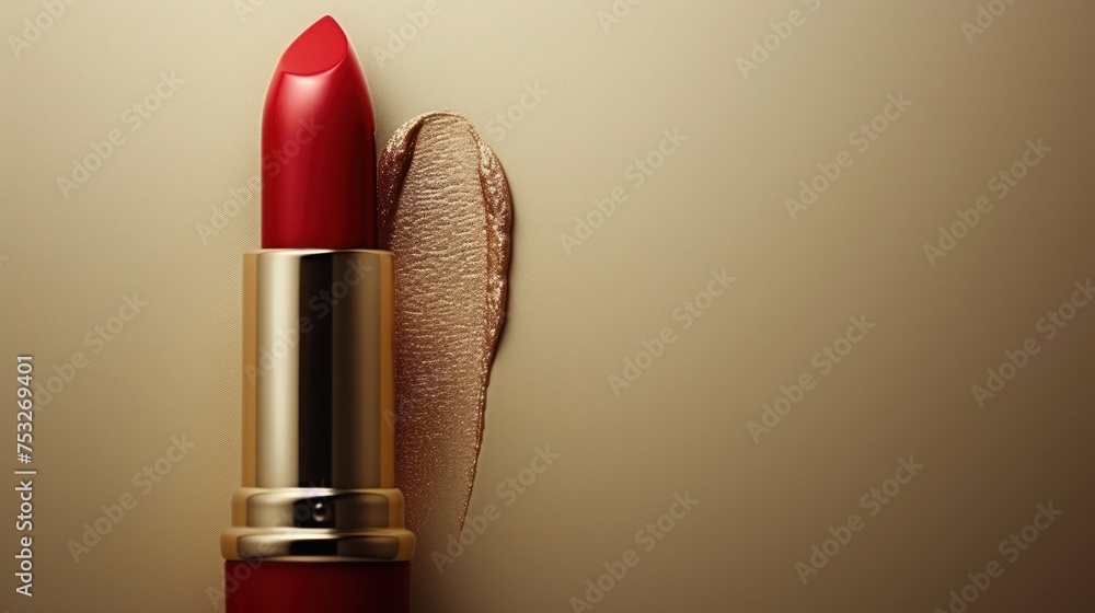 Poster a closeup of a red lipstick on a beige background with a red lipstick in the middle of the image.