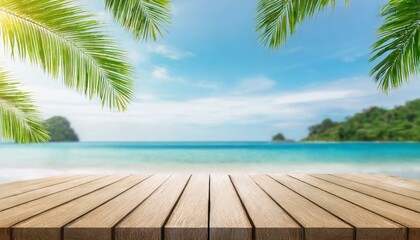 wood table with seascape and palm leaves, blur bokeh light of calm sea and sky at tropical beach background - obrazy, fototapety, plakaty