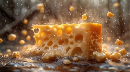 a piece of cheese sitting on top of a wooden table in front of a group of other pieces of cheese.