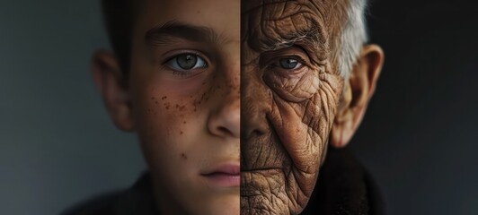 Face divided into two halves - one half of kid boy and half of old man