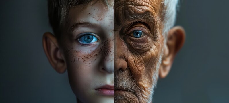 Face divided into two halves - one half of kid boy and half of old man