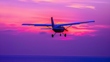 a plane flying over a body of water with a sunset in the background with a person standing on the edge of the photo.
