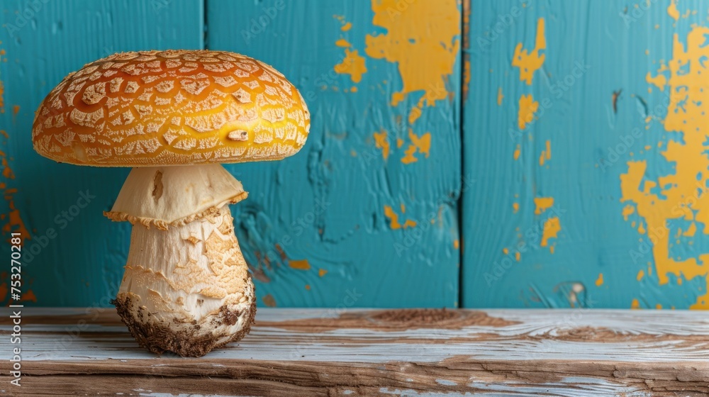 Poster a close up of a mushroom on a wooden surface with a painted wall in the background with only one obj