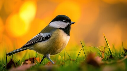 Fototapeta premium a small bird standing on top of a lush green grass covered field next to a field of grass and flowers.