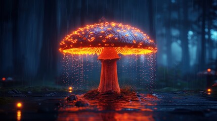 a lit up mushroom in the middle of a forest with rain falling on the ground and lights on the ground.