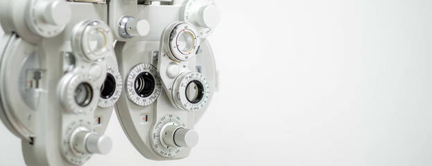 ophthalmology banner with copyspace close up of phoropter, specialized instrument used in eye...