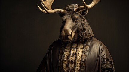 Portrait of an anthropomorphic moose of a medieval merchant or businessman or trader - obrazy, fototapety, plakaty
