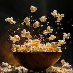 Popcorn exploding dynamically from a wooden bowl on a dark background