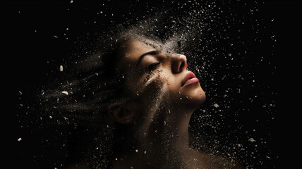 Woman's face turns into particles and cosmic atmosphere around, isolated on black background