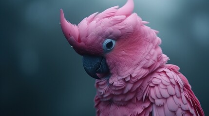 a close up of a pink parrot with a person in the background looking in the opposite side of the image.