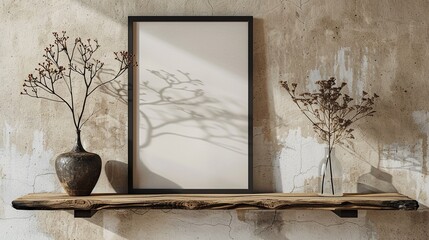 A mockup with a wooden shelf and picture frame on a wall, in the style of botanical abstractions