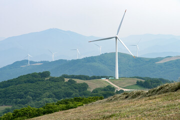 View of the wind turbines on the mountain