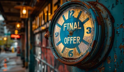 Clock with final offer in bold font on metal wall hanging