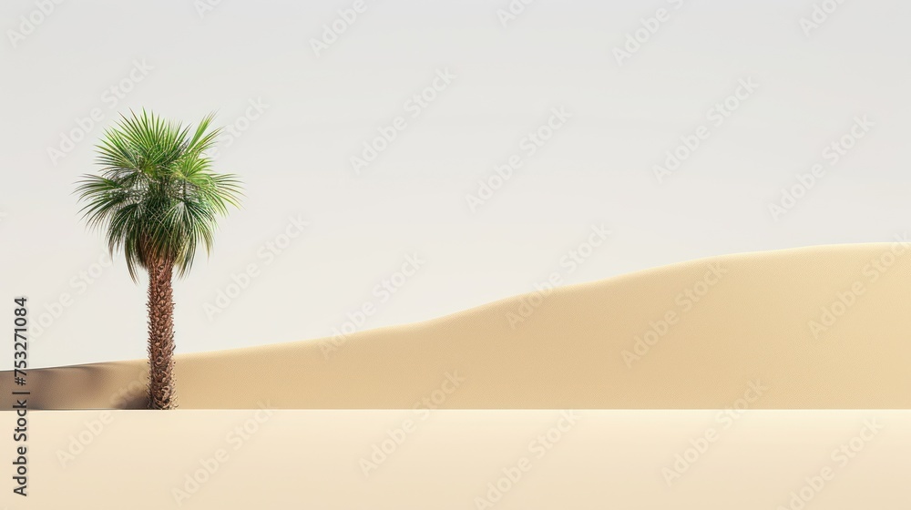 Poster a palm tree in a desert landscape with a white sand dune as a backdrop for a palm tree in the distan