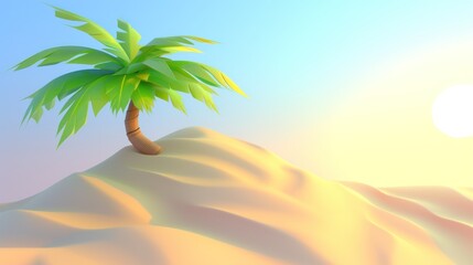 Fototapeta na wymiar a small palm tree sitting on top of a sandy hill in a bright, cartoon - like area of a desert.