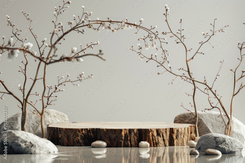 Poster a wooden log is placed in front of a tree with white flowers. the scene is set in a natural environm