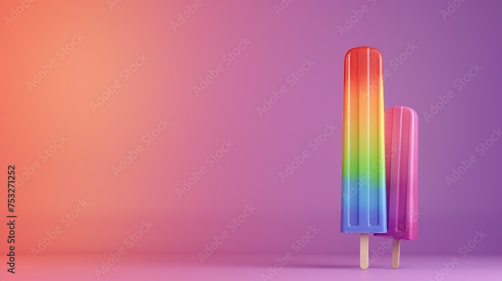 Poster a multicolored popsicle stands in front of a pink and purple background with only one of the pops is