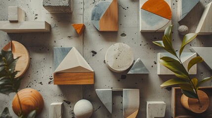 Geometrical pieces with geometric patterns in a flat lay composition