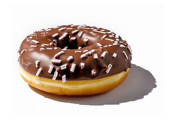 top view, donut with sprinkles chocolate glazed isolated over white background created with Generative AI technology