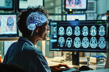 Neurotechnology researchers analyze brain scans, developing brain-computer interfaces for medical diagnosis.