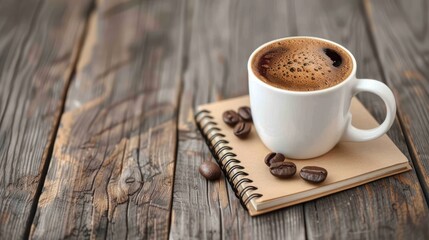 a cup of coffee sitting on top of a wooden table next to a notebook with coffee beans on top of it.