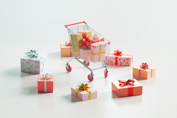 Overflowing Shopping Cart Teeming with Colorful Wrapped Gift Boxes