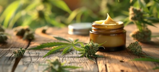 Moisturizing cream in jar with hemp leaves on wooden background. Cosmetic cream for skin care from hemp. Natural cosmetics