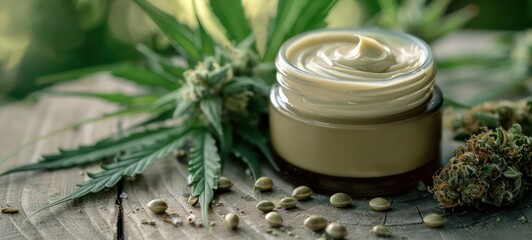 Obraz na płótnie Canvas Moisturizing cream in jar with hemp leaves on wooden background. Cosmetic cream for skin care from hemp. Natural cosmetics