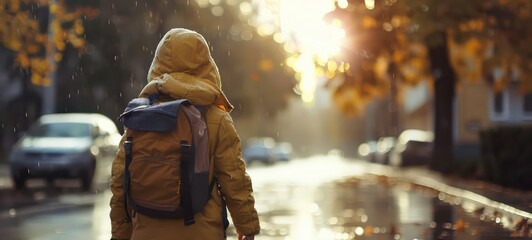 Kid walking back to school in city street, a rainy day in autumn at sunrise - obrazy, fototapety, plakaty