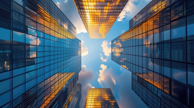 Gazing up at towering skyscrapers against a picturesque azure sky, my eyes wandered from one impressive building to another. AIG41