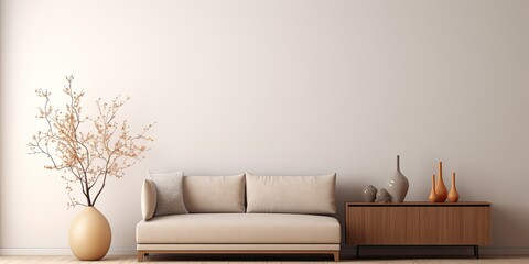 Minimalist living room decor with modular sofa, brown sideboard, branch vase, round pillow, and personal accessories. Template.