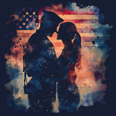 Embracing Soldiers Silhouette, Patriotic American Flag, Artistic Tribute