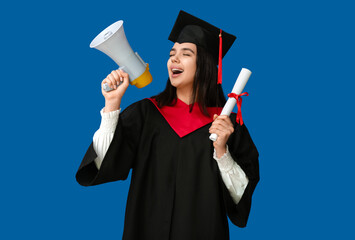 Female graduating student with diploma and megaphone on blue background